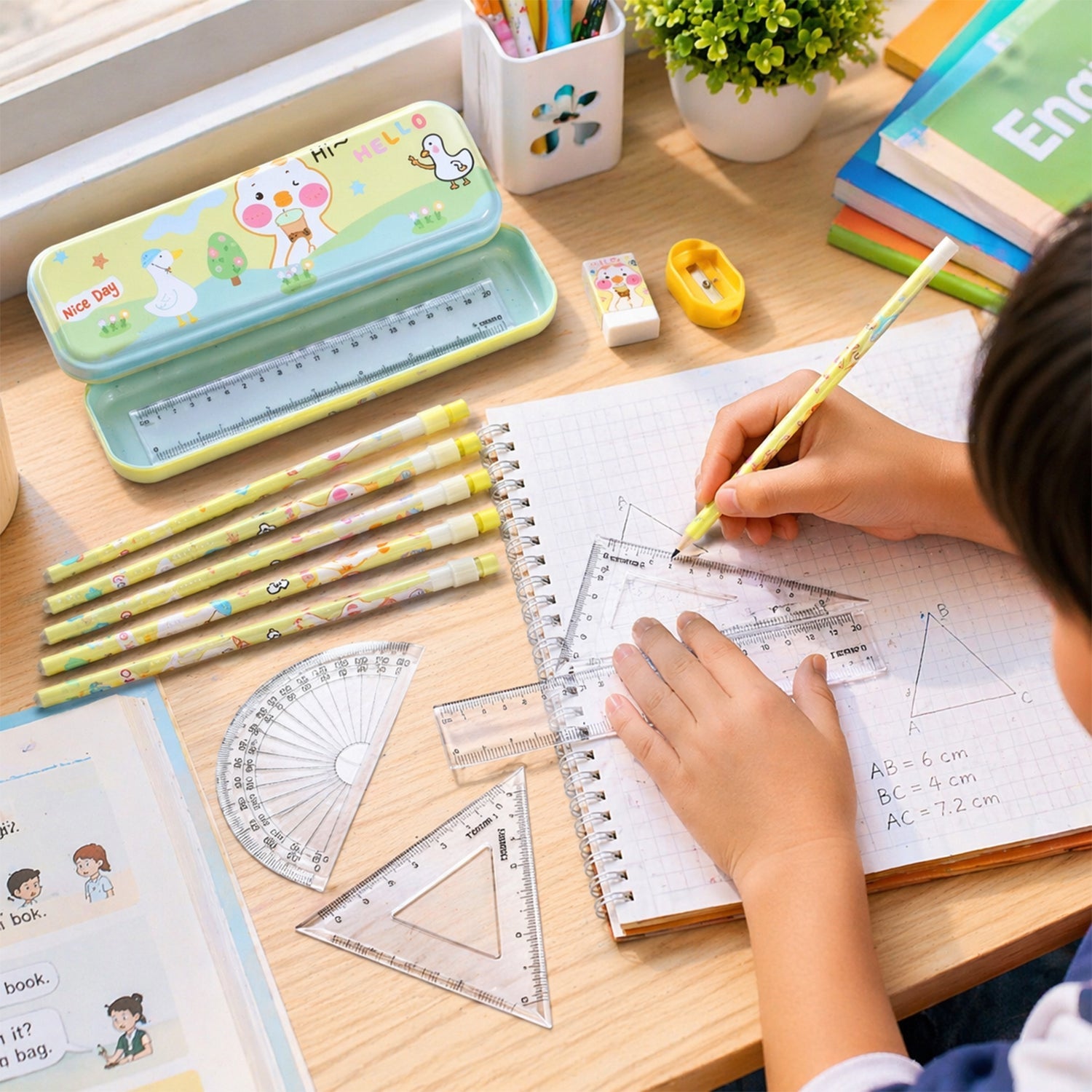 Complete cartoon geometry box kit for kids with rulers, protractor, and pencils