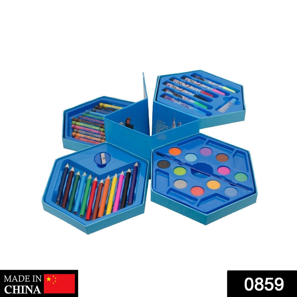 Open 46 Pcs Kids Art Set displaying crayons, watercolours, and sketch pens for children.