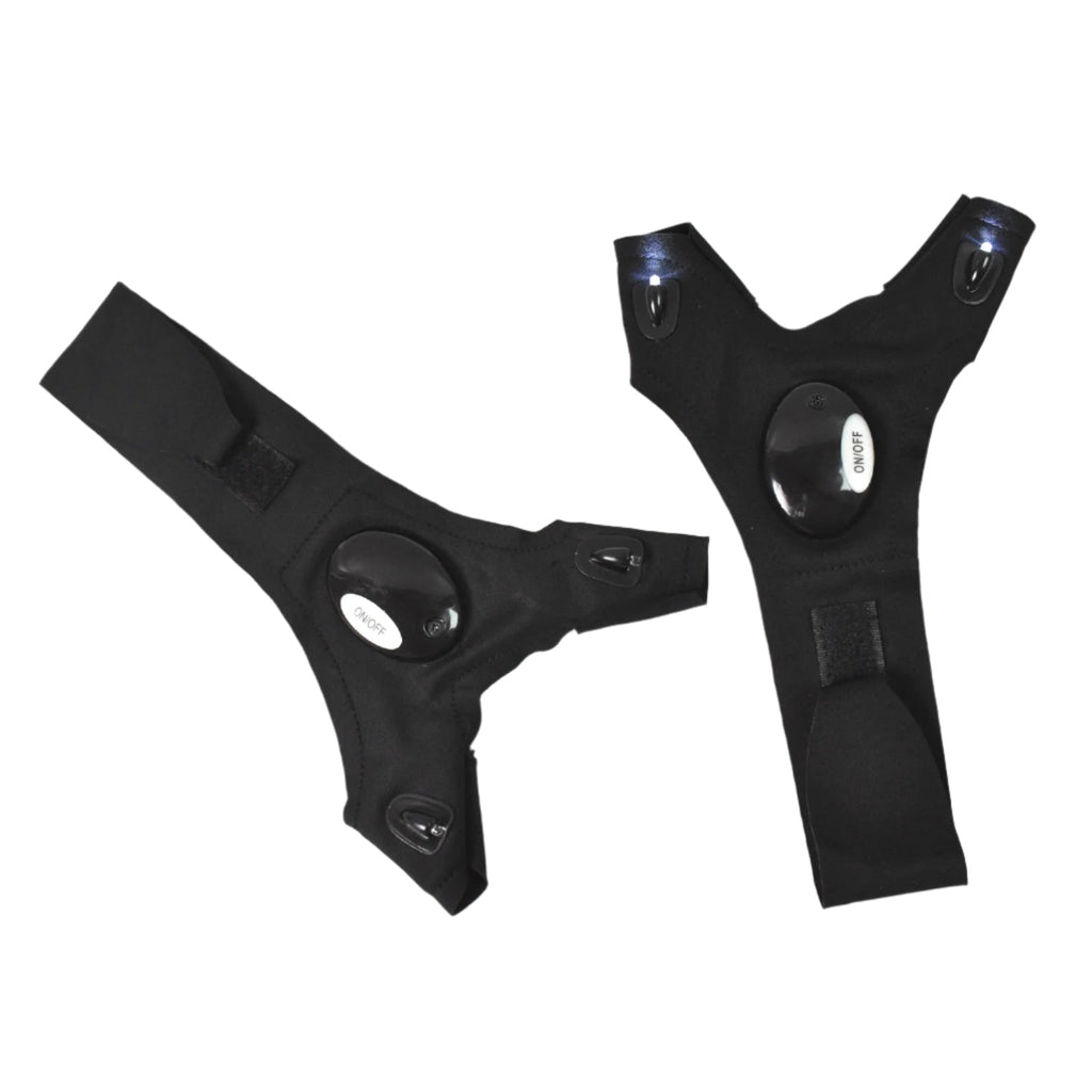 Pair of LED Flashlight Gloves illuminating a dark area with bright finger lights.