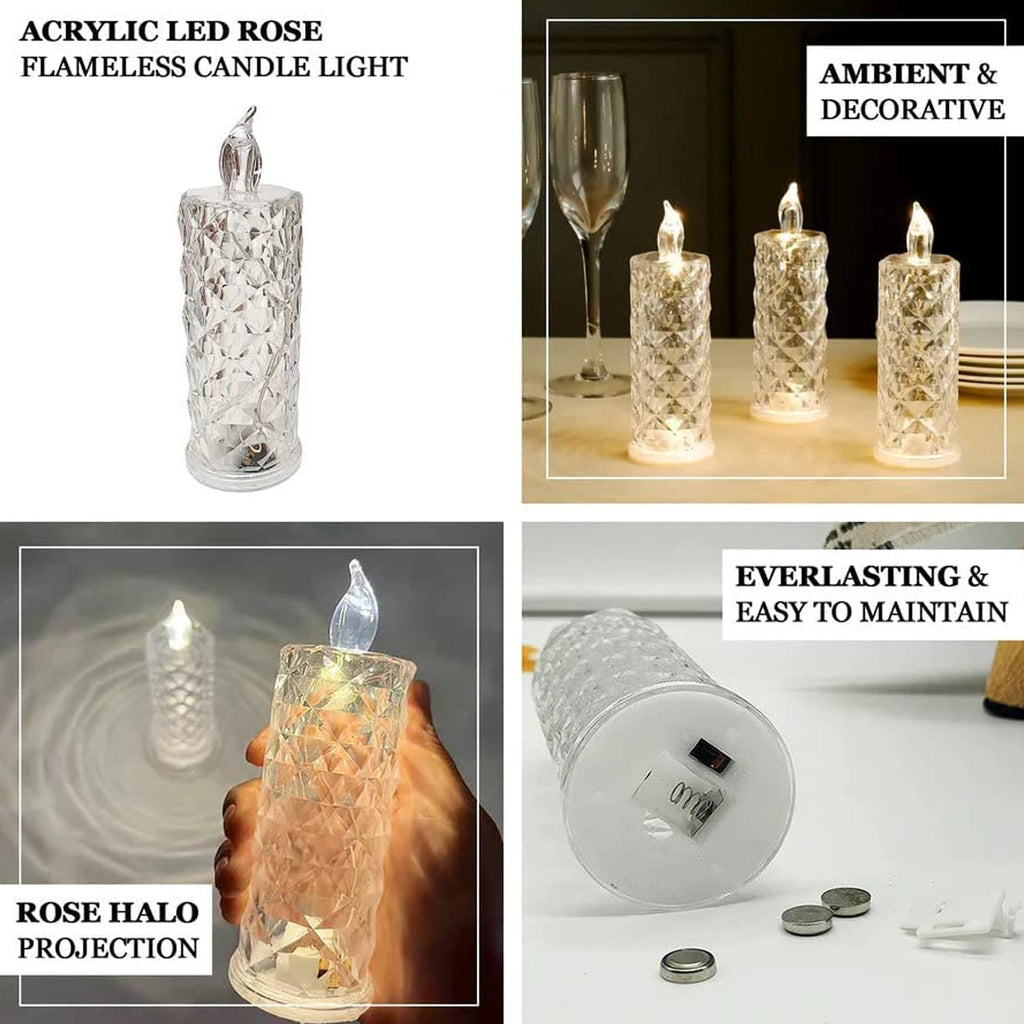 Smokeless LED rose candle with an acrylic design, ideal for special occasions.