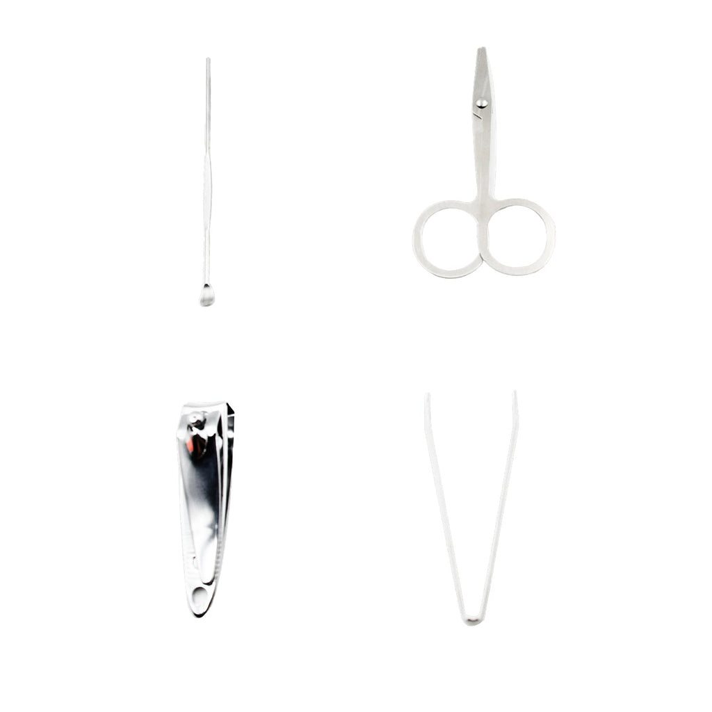 Close-up of a sharp surgical-grade stainless steel nail clipper from the set.
