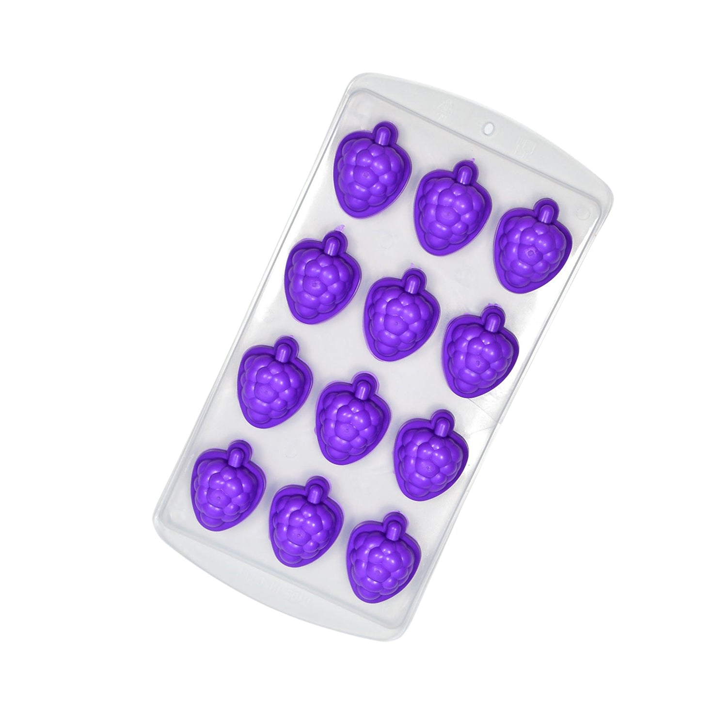 Flexible silicone multi-fruit ice cube tray filled with water, ready for freezing.