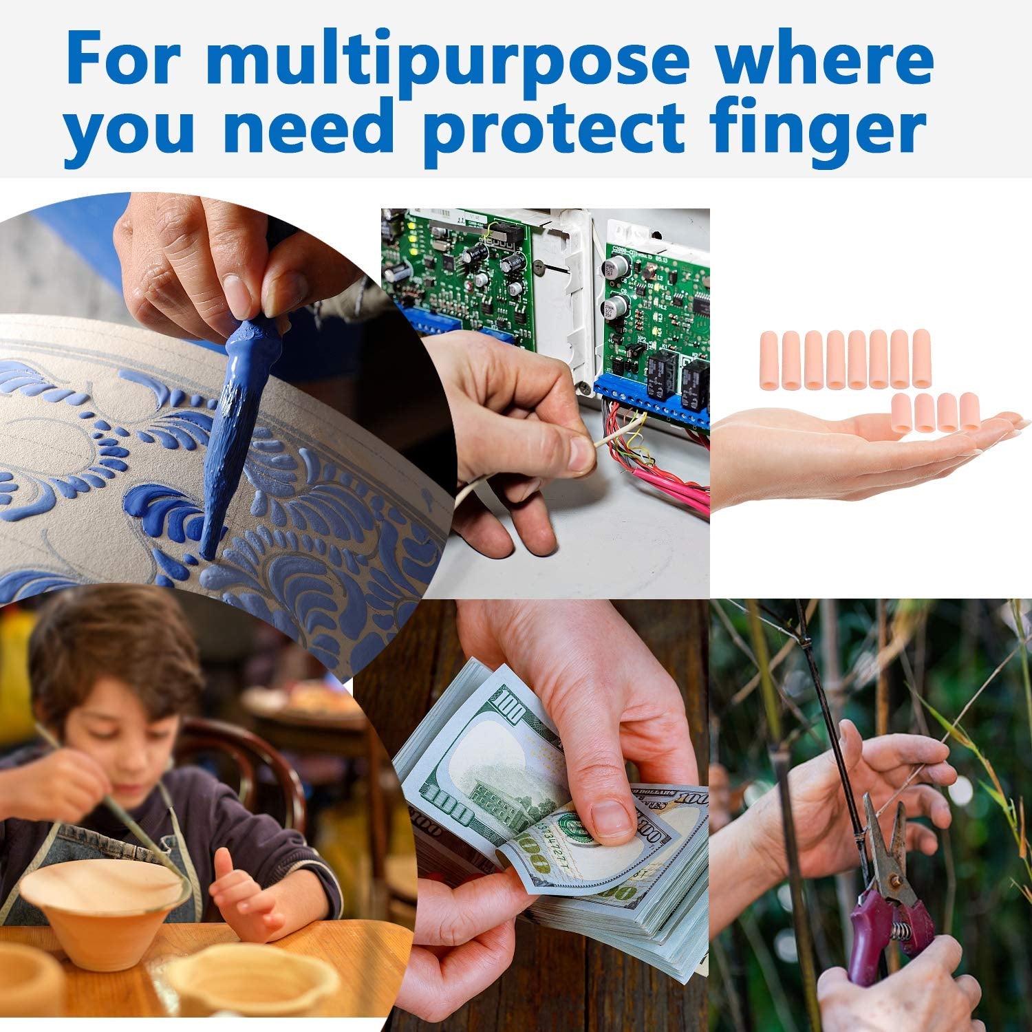 Person using a phone while wearing flexible silicone finger sleeves