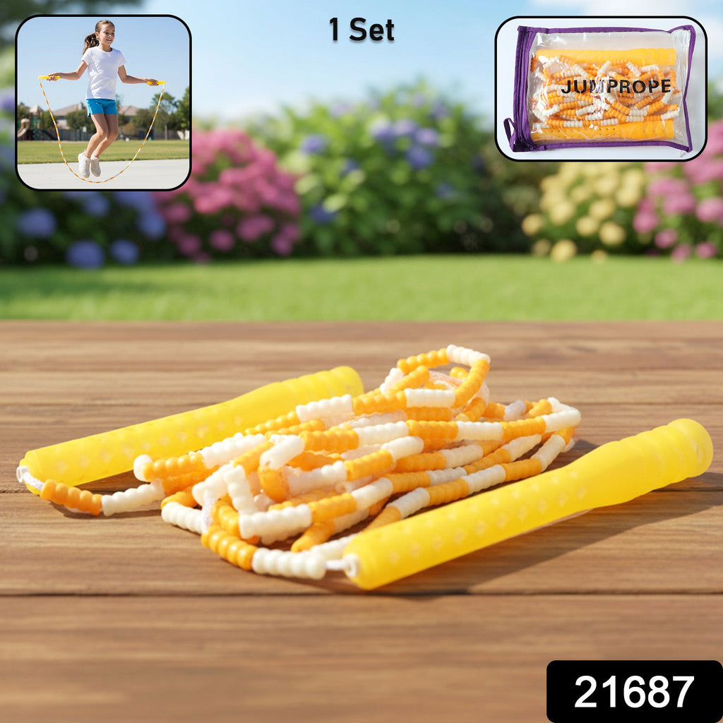 Set of yellow and white beaded skipping ropes for kids outdoor play