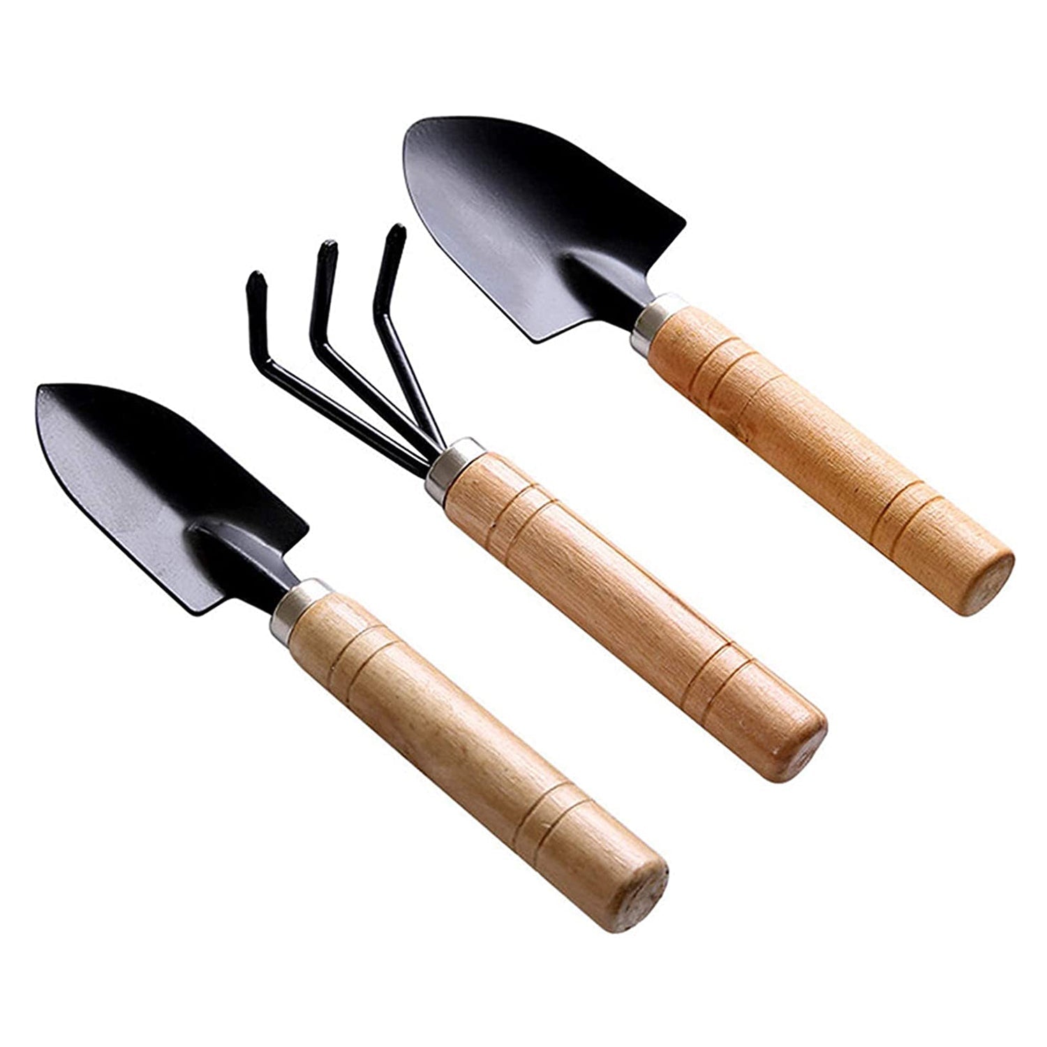 Close-up of the small trowel, hand cultivator, and garden fork from the tool set.