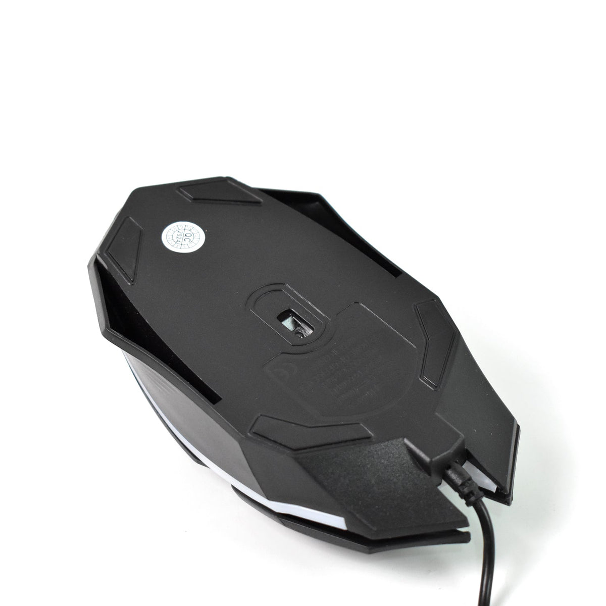 Close-up of the optical sensor and USB cable of the Compshop Gaming Mouse.
