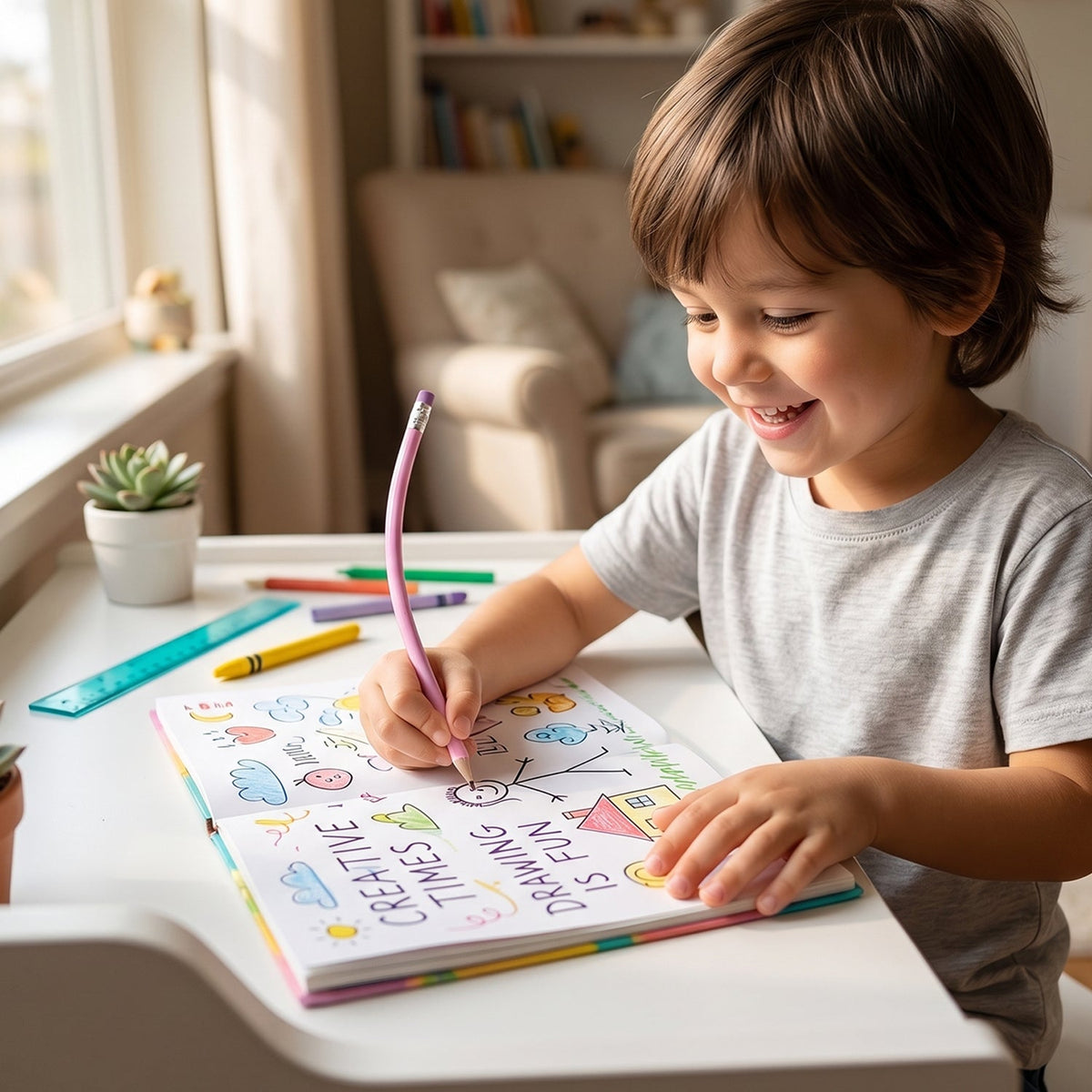 Child drawing with bendable pencil, showing creativity