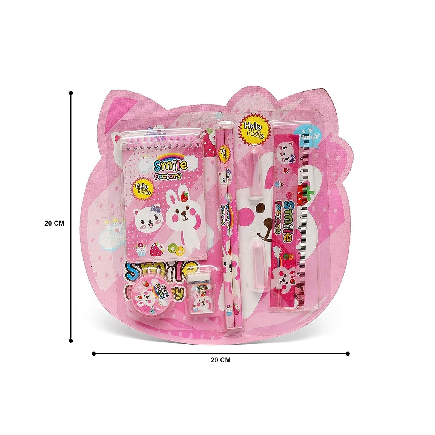 Detailed shot of various stationery items, including a sharpener and pencil cover, from the kids' gift set.