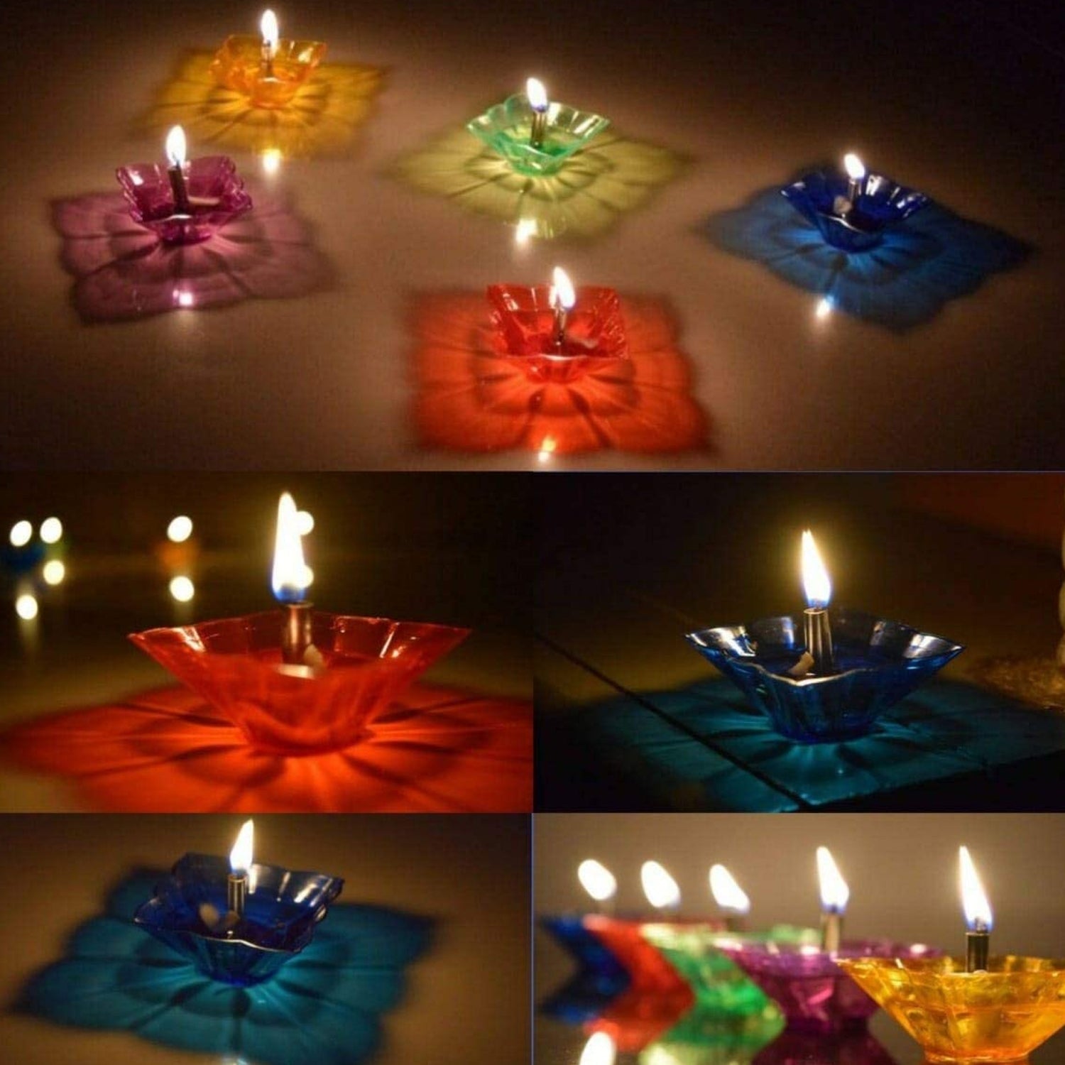 Vibrant multicolor Diwali candle holders in assorted shapes, 12-piece set.