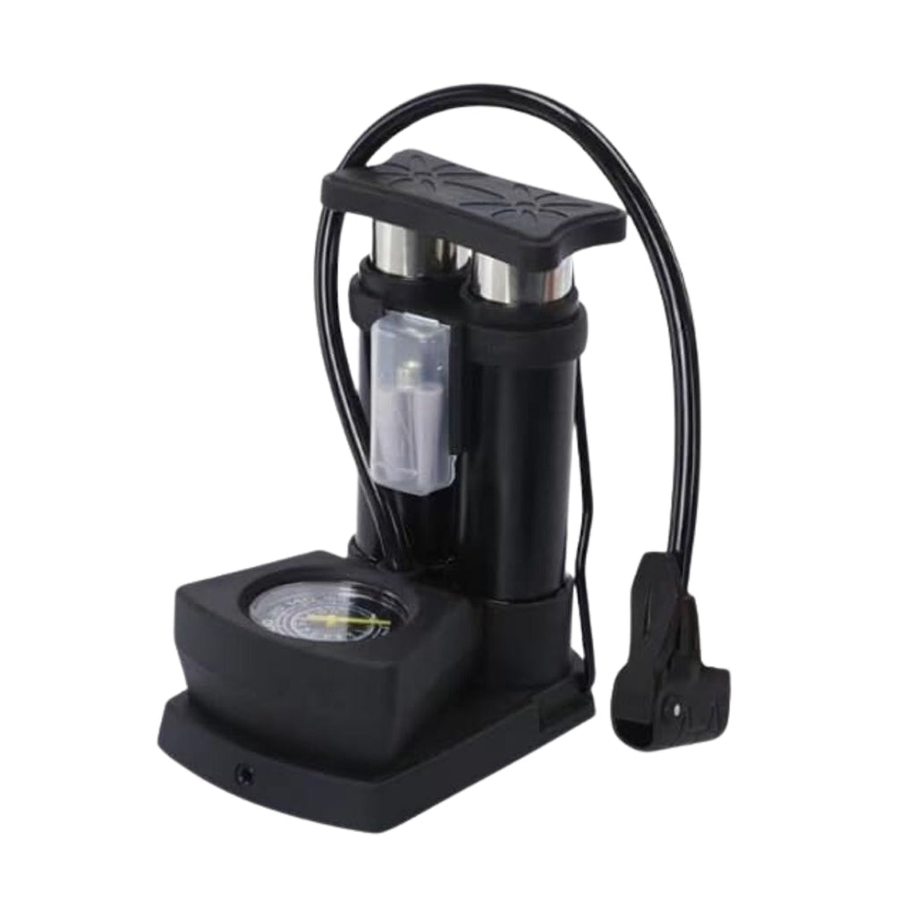 Angled view of the Safora mini bike pump, highlighting its robust construction.