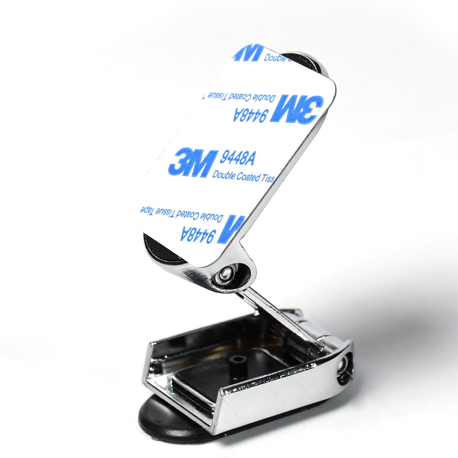A smartphone attached to the foldable magnetic phone holder for cars, showing flexibility.