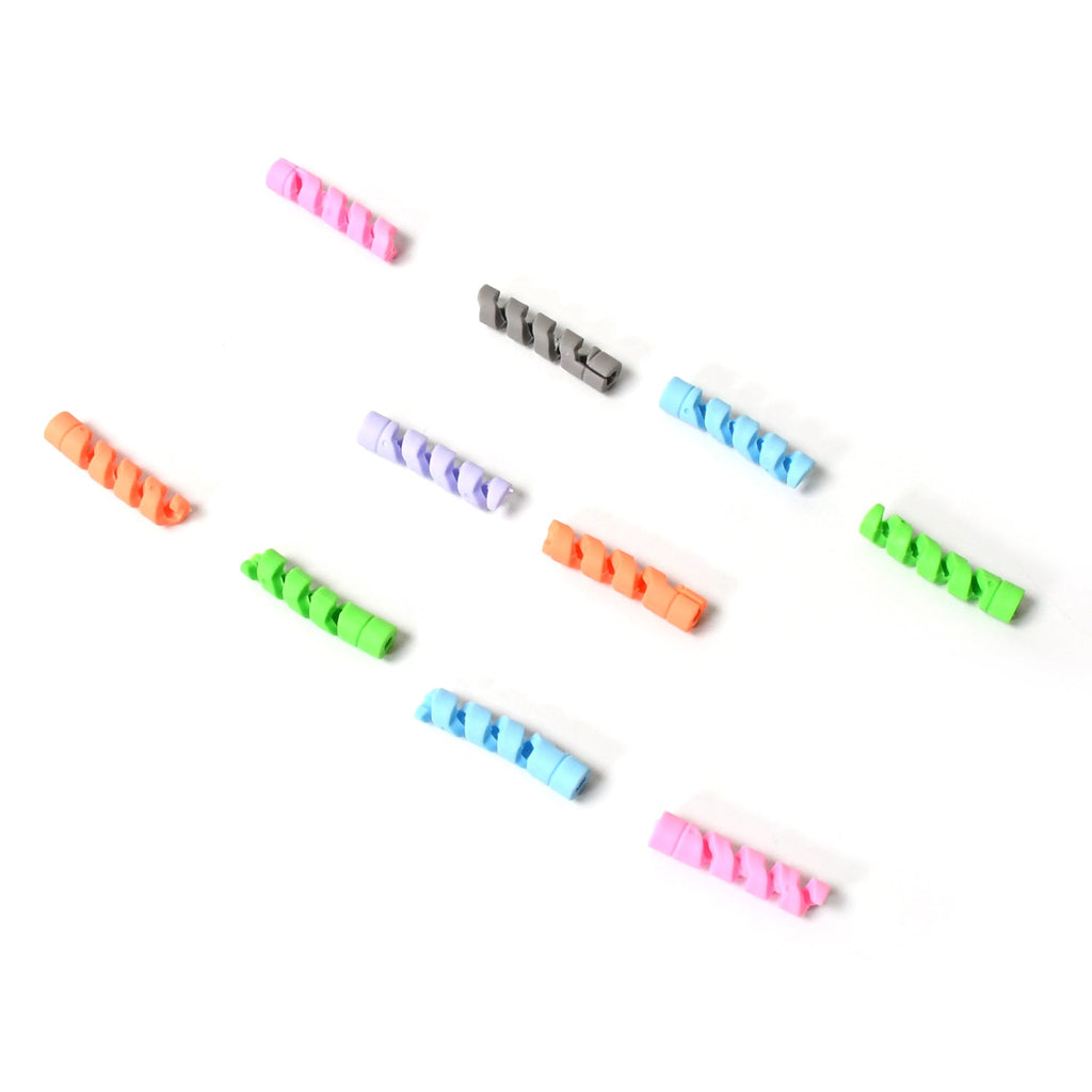 Assorted silicone spiral data cable protection units bundled together.