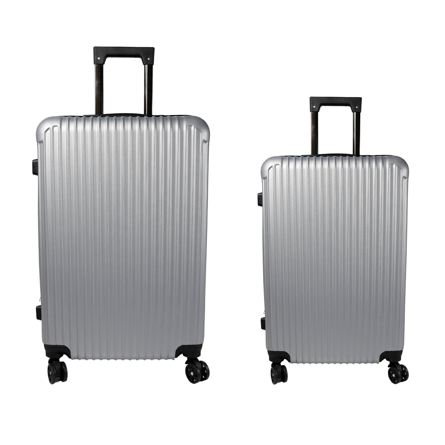 A person effortlessly pulling the smaller multi-color luggage bag through an airport.