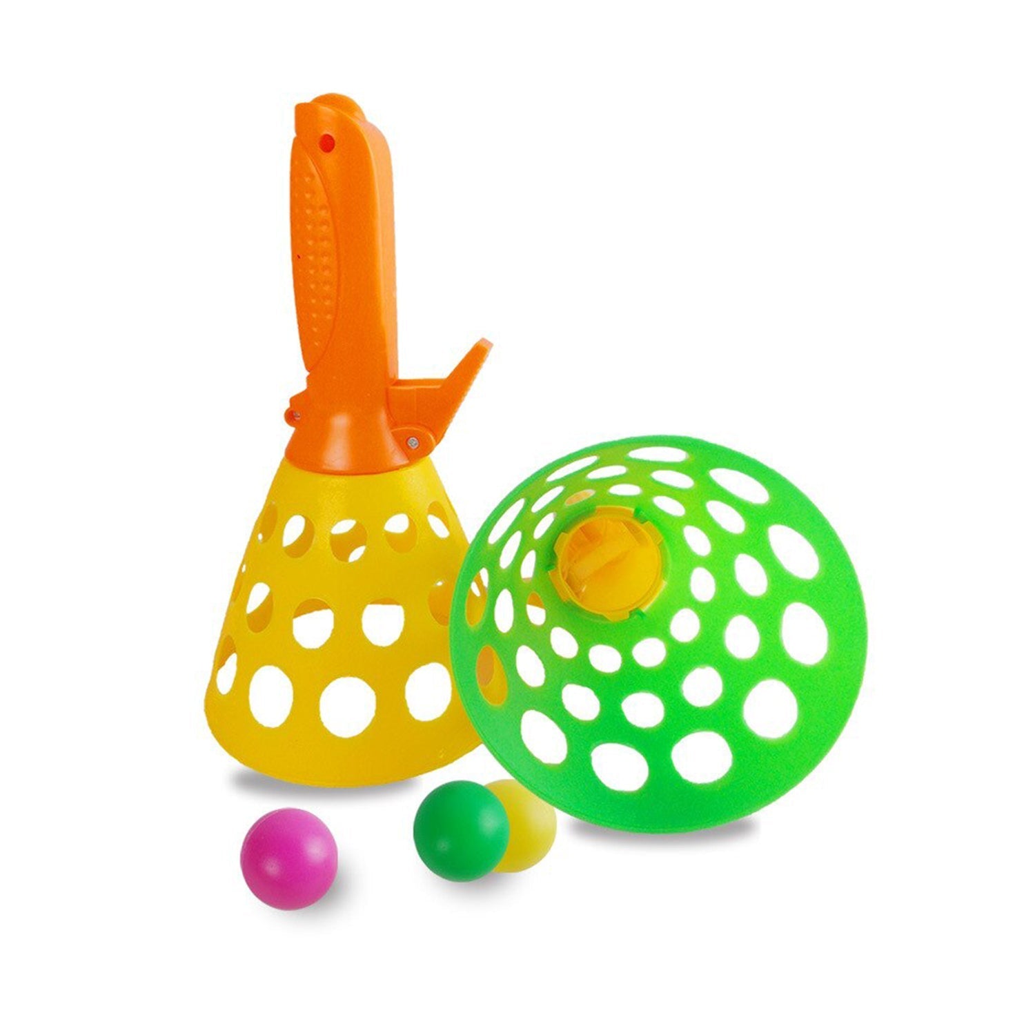 Full view of the colorful catapult ball toy, showcasing its compact design.