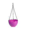 Plastic hanging flower pot with steel chain for garden or balcony.