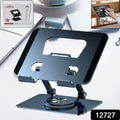 User demonstrating the 360-degree rotation of the aluminum adjustable laptop stand.
