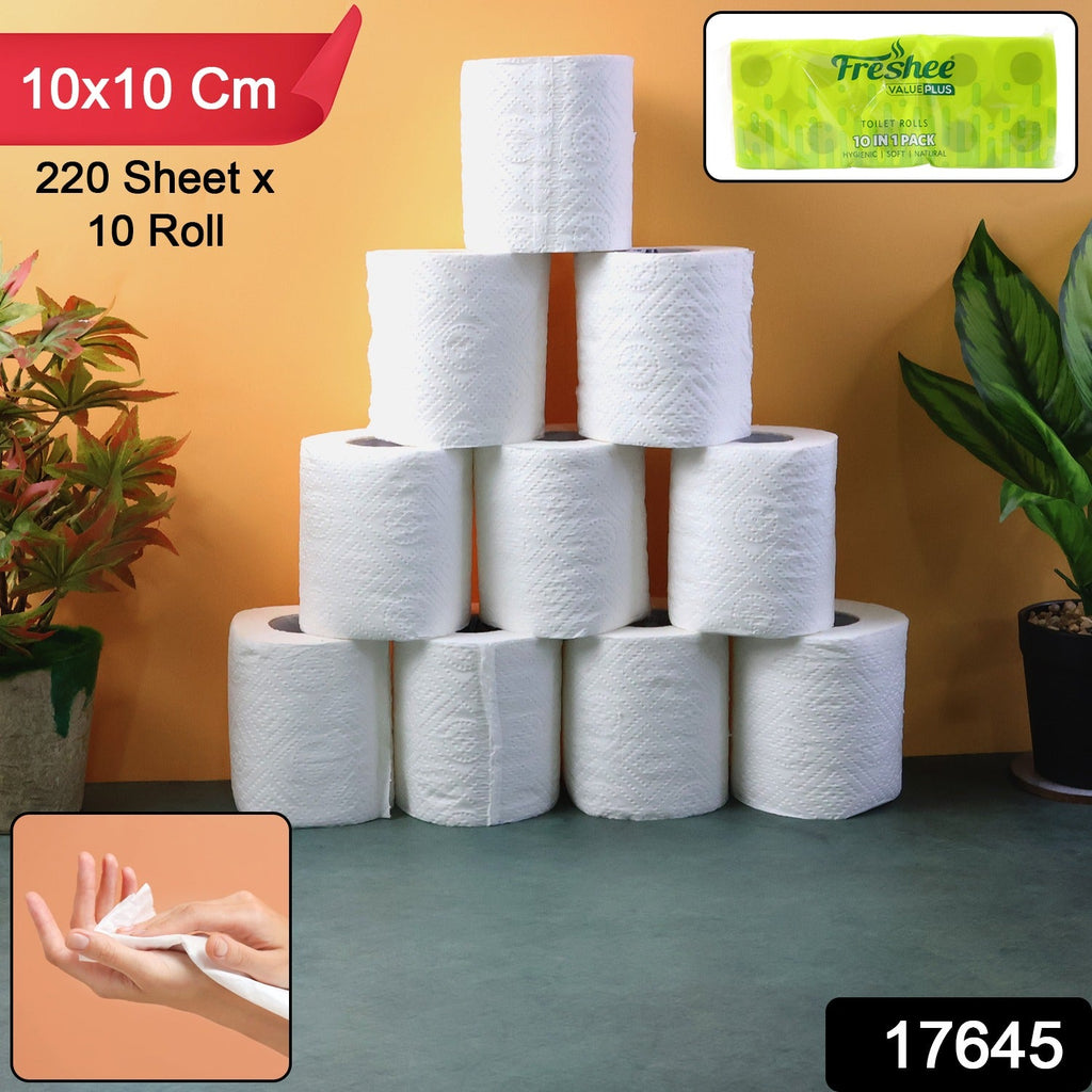 Stack of Freshee toilet tissue rolls highlighting the soft texture and family pack.