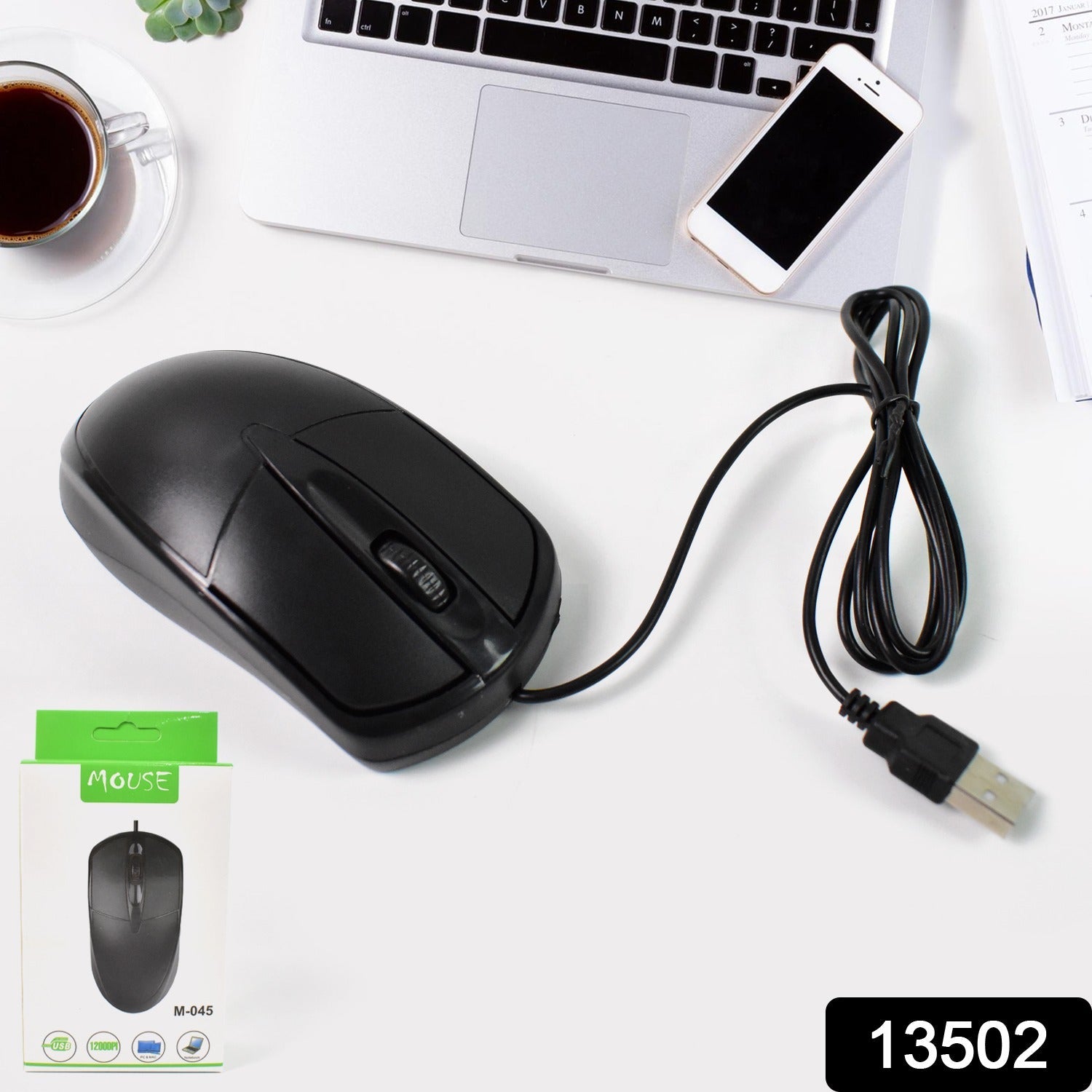Close-up of the black wired optical mouse, highlighting its comfortable design and scroll wheel.