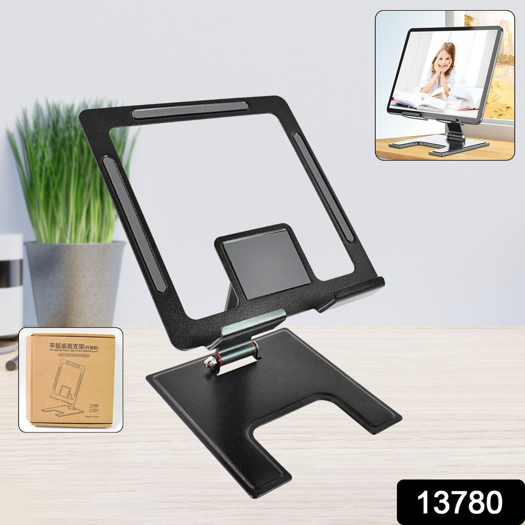 Adjustable desktop stand securely holding a tablet, perfect for video calls or movies.