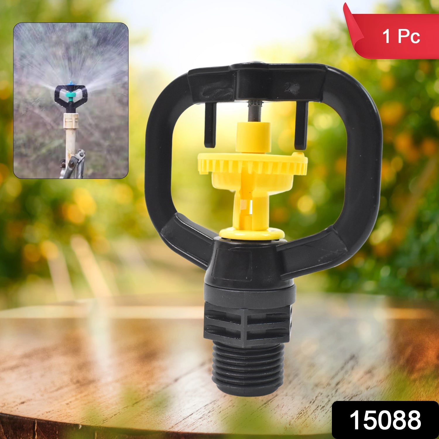 Rotating sprinkler nozzle effectively watering a lush green garden.