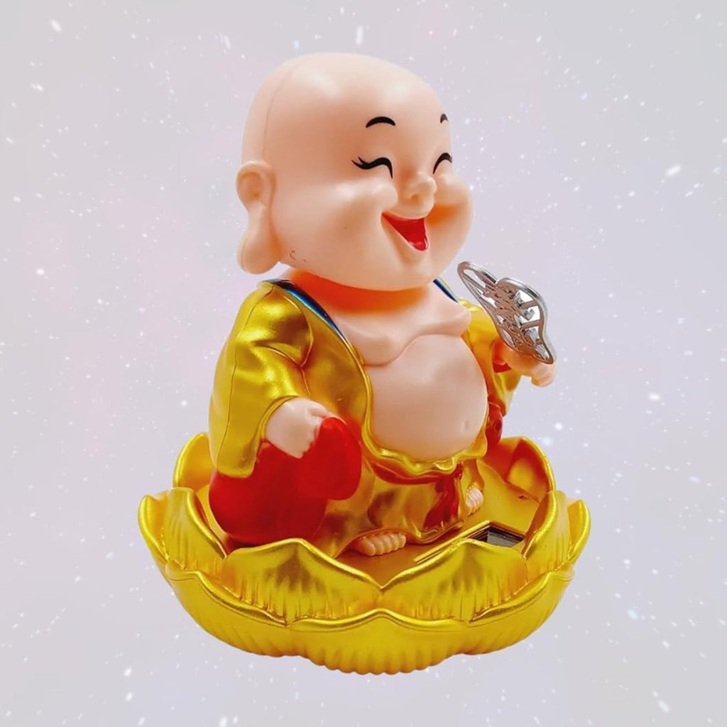 The Solar Buddha Car Ornament placed on a lotus base, perfect for car decor.
