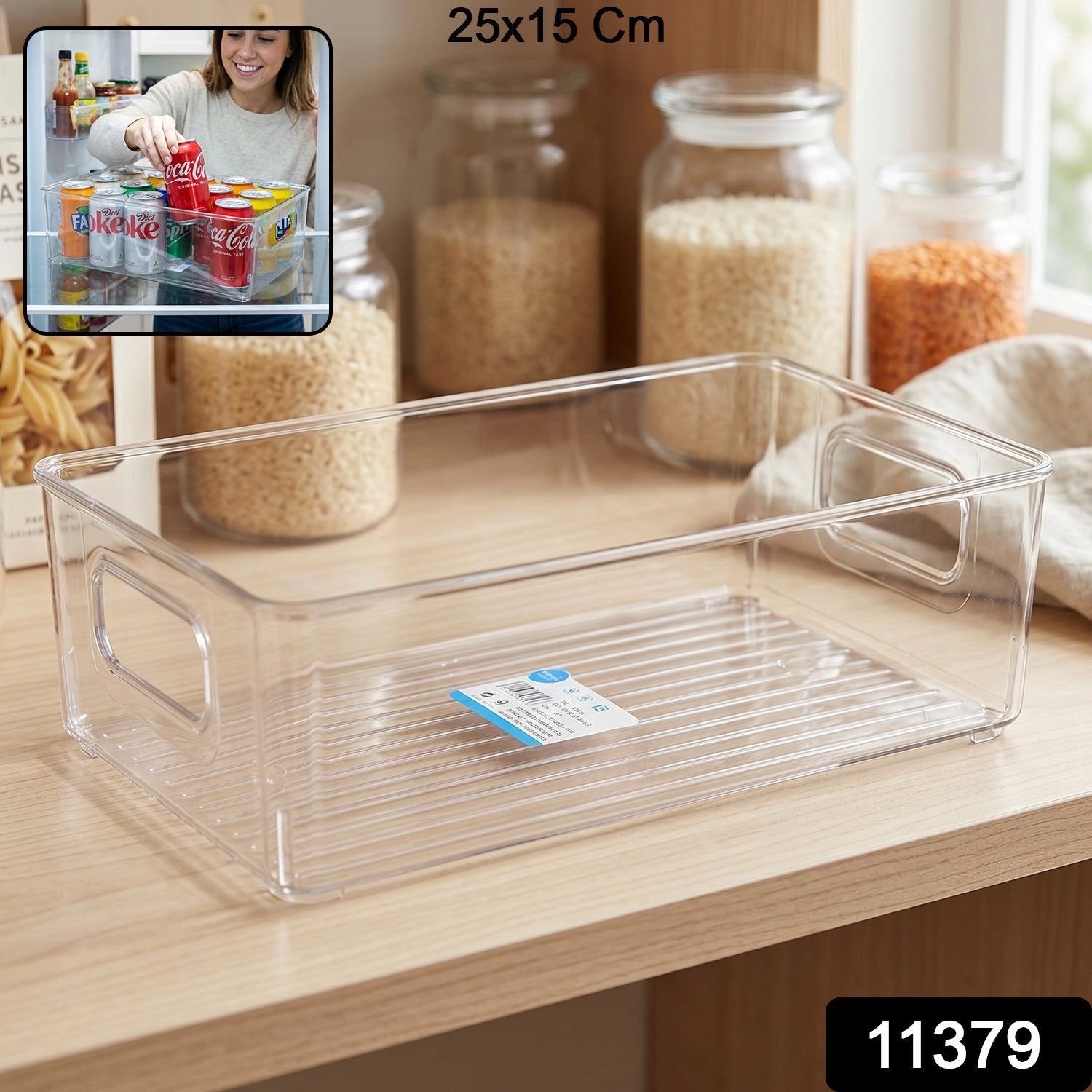 Pack of clear storage boxes with handles for fridge and pantry