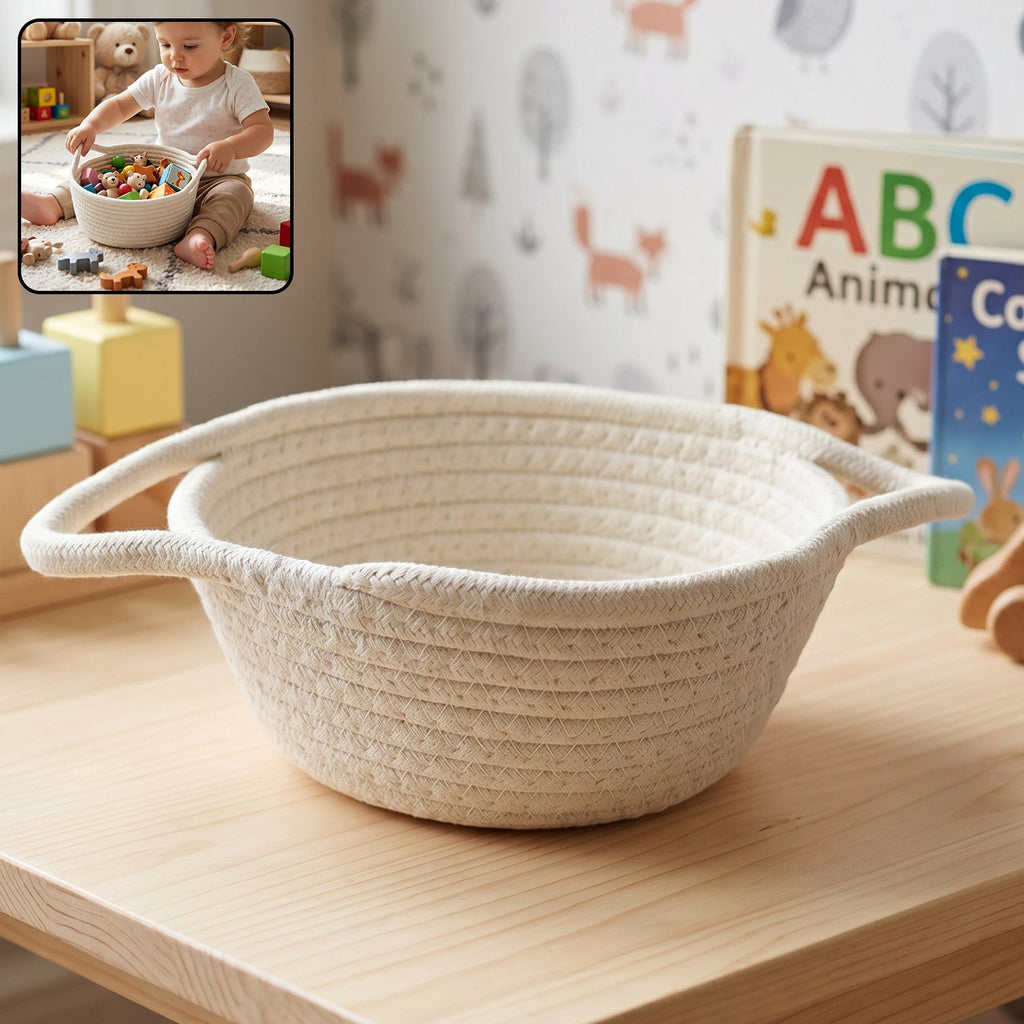 Storage basket filled with toys, ideal for nursery and kids' room