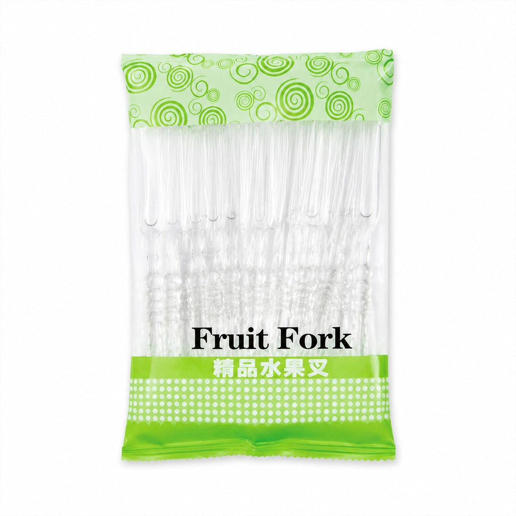Pack box of disposable clear plastic fruit forks
