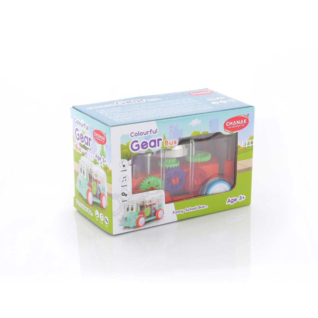 Top-down view of the transparent musical school bus toy, revealing its design.