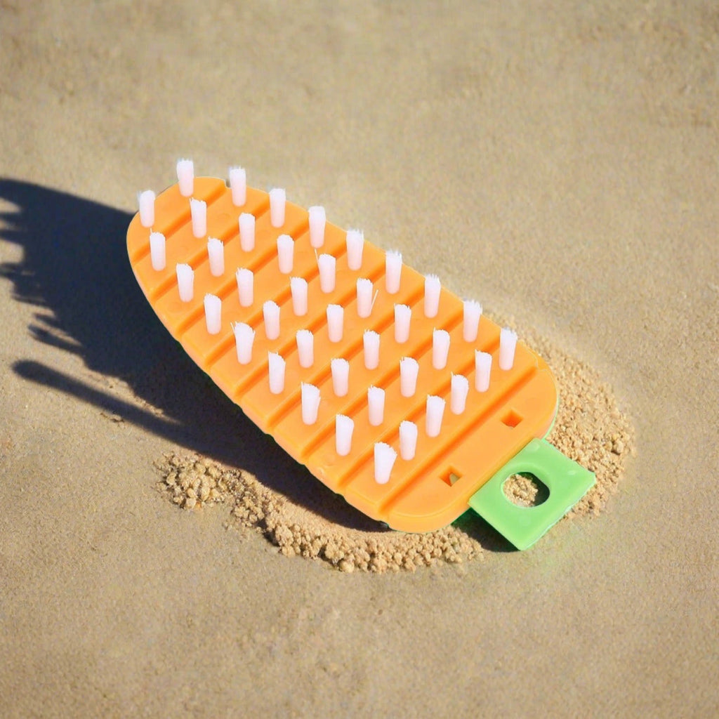 Detailed close-up of the durable, flexible bristles on the carrot brush.