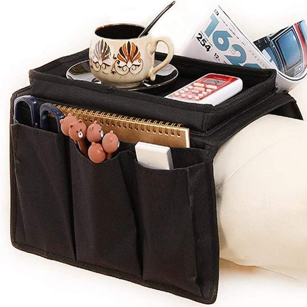 Black sofa armrest organizer with a sturdy tray and multiple pockets.