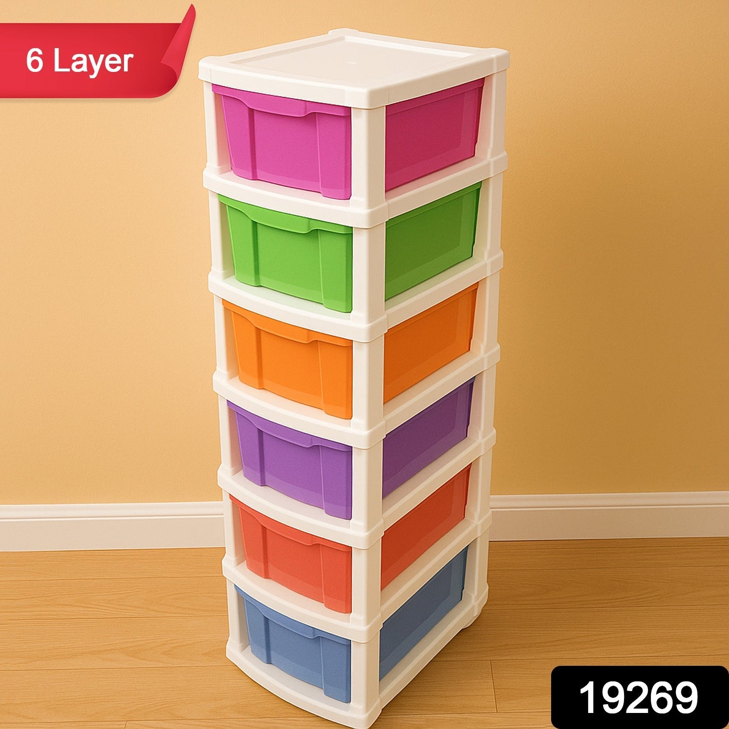 Multi-colored 6-layer storage cabinet with tinted plastic drawer tiers