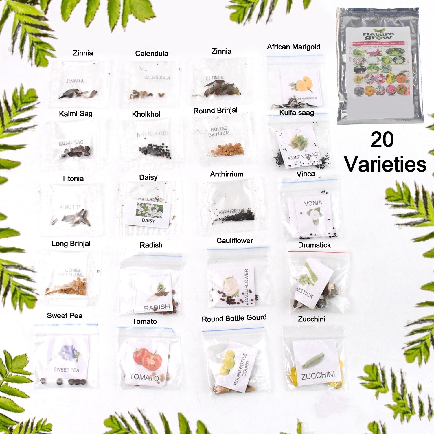 Close-up of vegetable and flower seeds mix from the 20 varieties combo for home gardening.