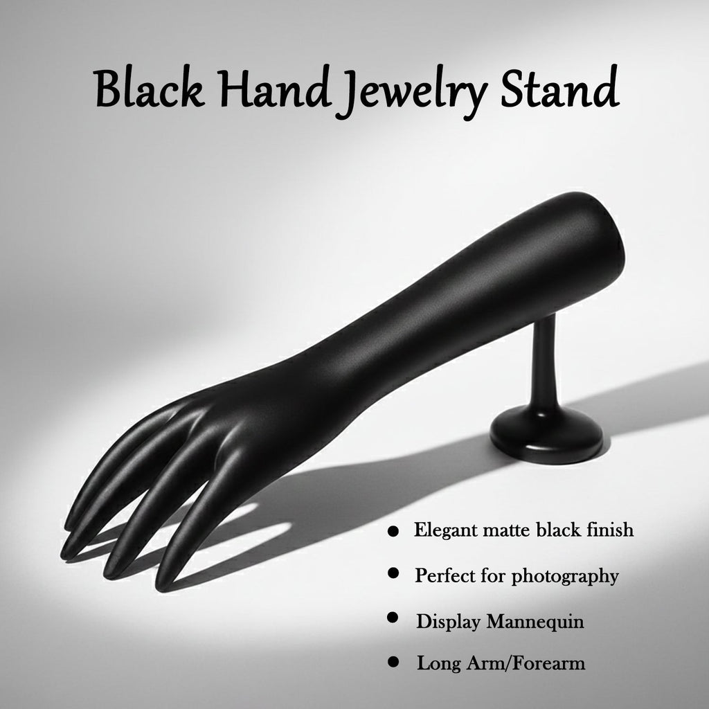 Palm side of black hand-shaped jewelry organizer stand