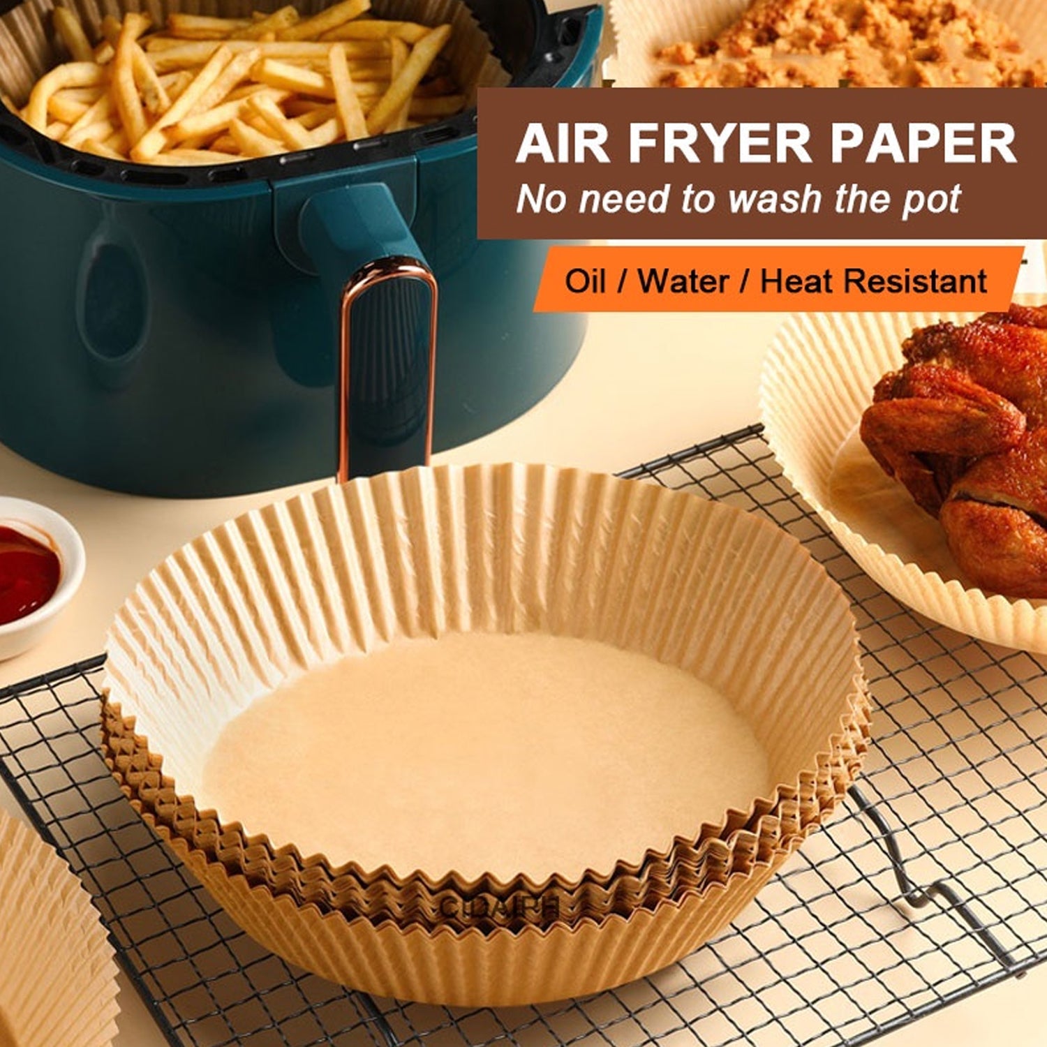 Illustration showing how air fryer liners prevent food residue and oil from sticking.