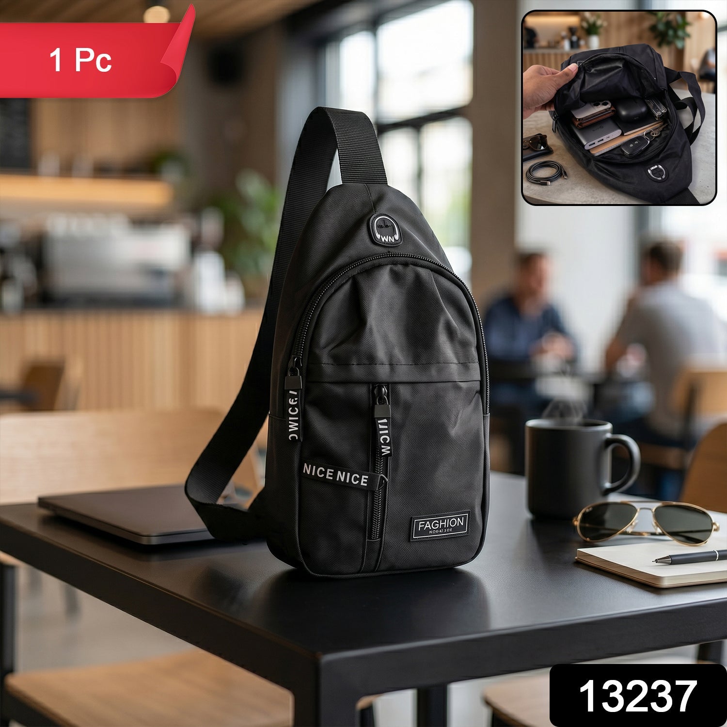 Close-up of the waterproof sling bag's USB charging port and headphone jack for on-the-go power.
