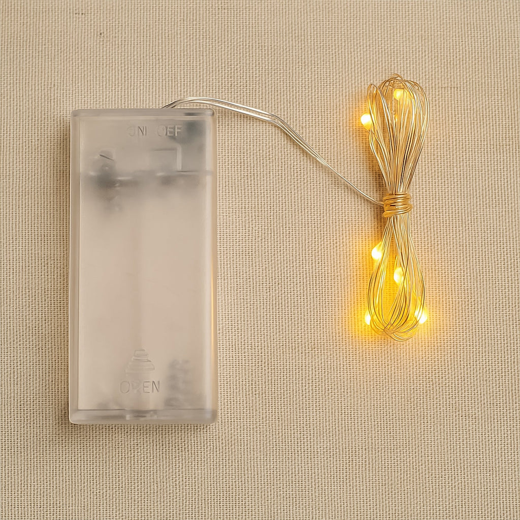 Copper wire string fairy lights with warm white 30 LED bulbs glowing beautifully.