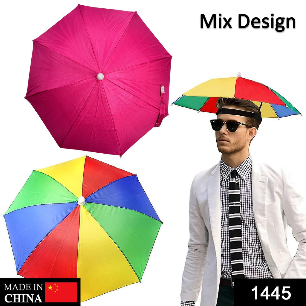 Person wearing a vibrant hands-free umbrella hat for outdoor activities.