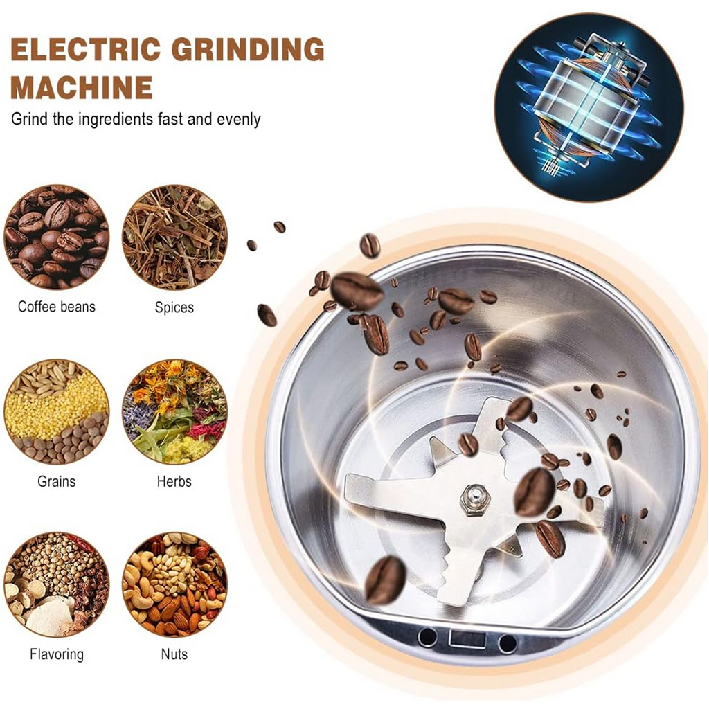 Close-up of the powerful stainless steel blades of the mini coffee grinder blender.