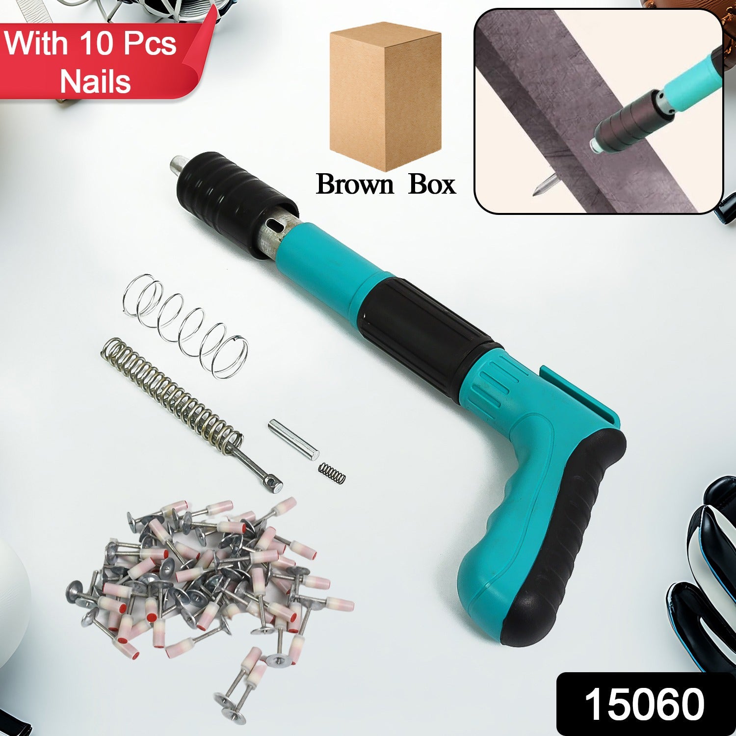 Compact manual steel nail gun, ideal for precise wall fastening in home projects.