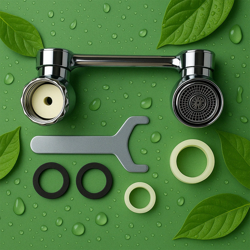 Flexible water-saving faucet filter with 1080-degree rotation installed on a kitchen sink.