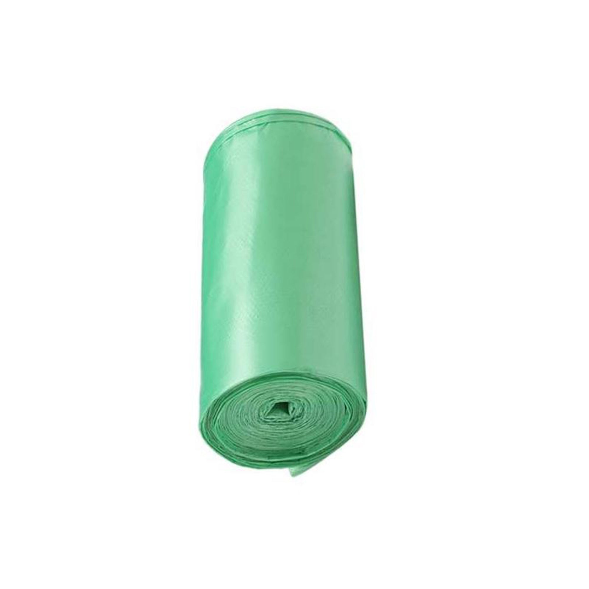 Multiple rolls of green biodegradable trash bags on a clean white surface.
