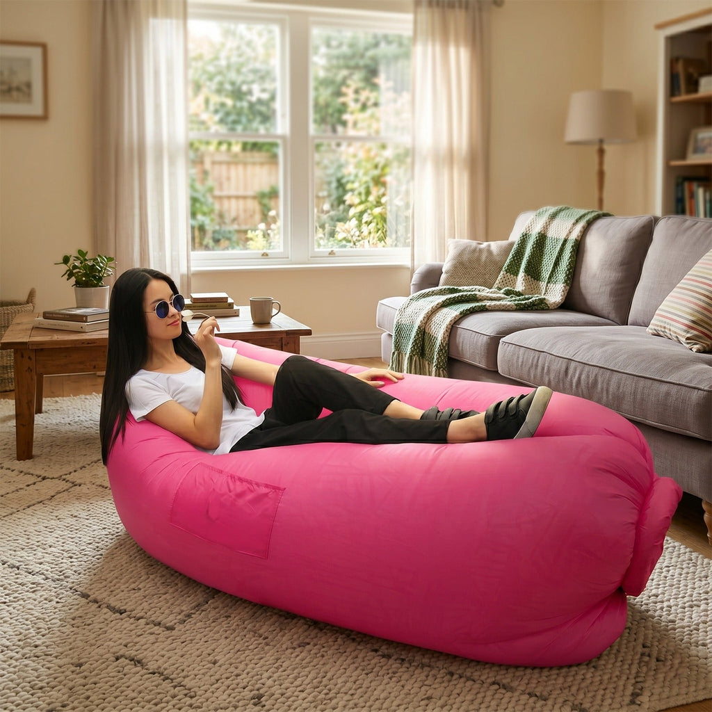 Inflatable Lounger being used in living room for relaxation