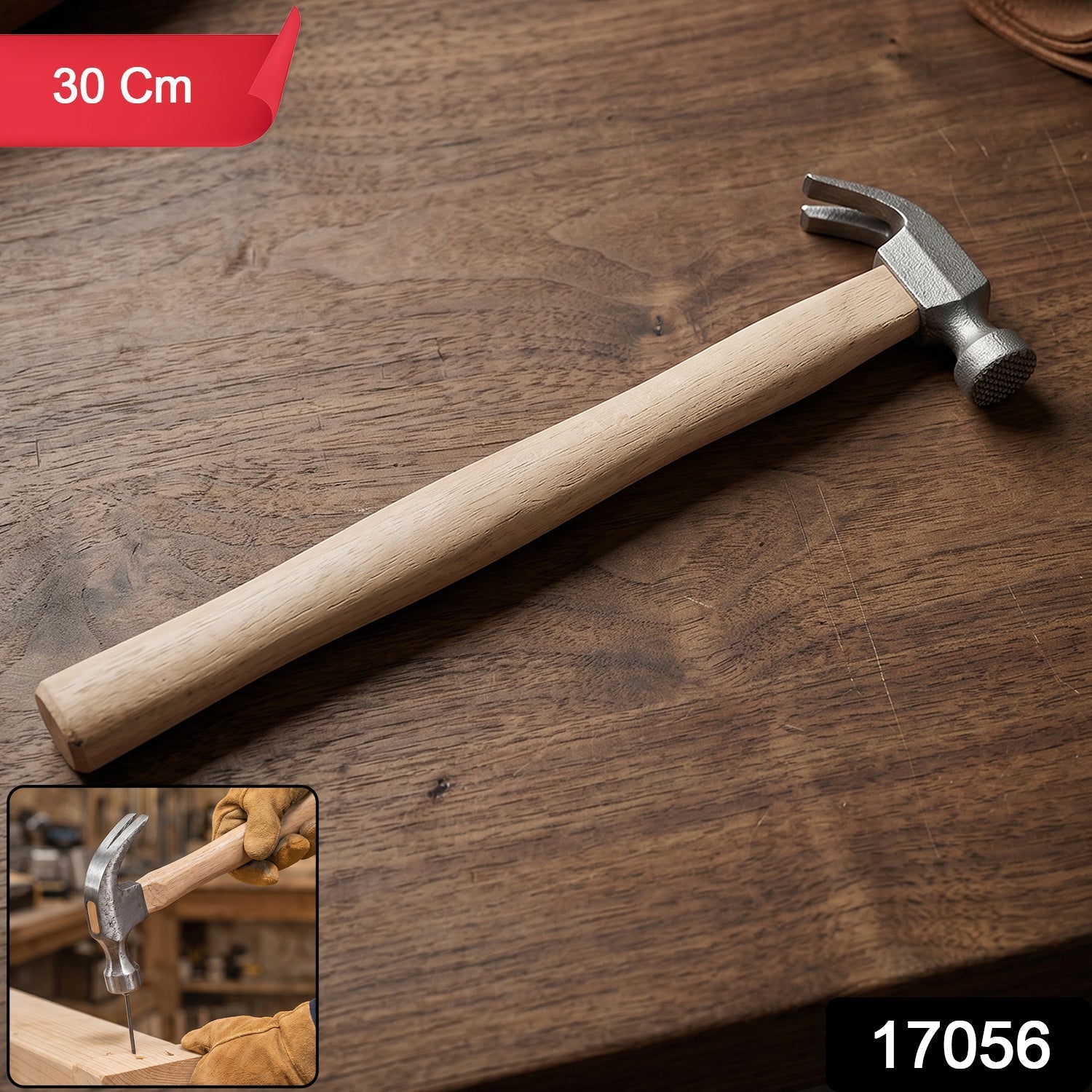 Claw hammer with wooden grip in carpentry kit
