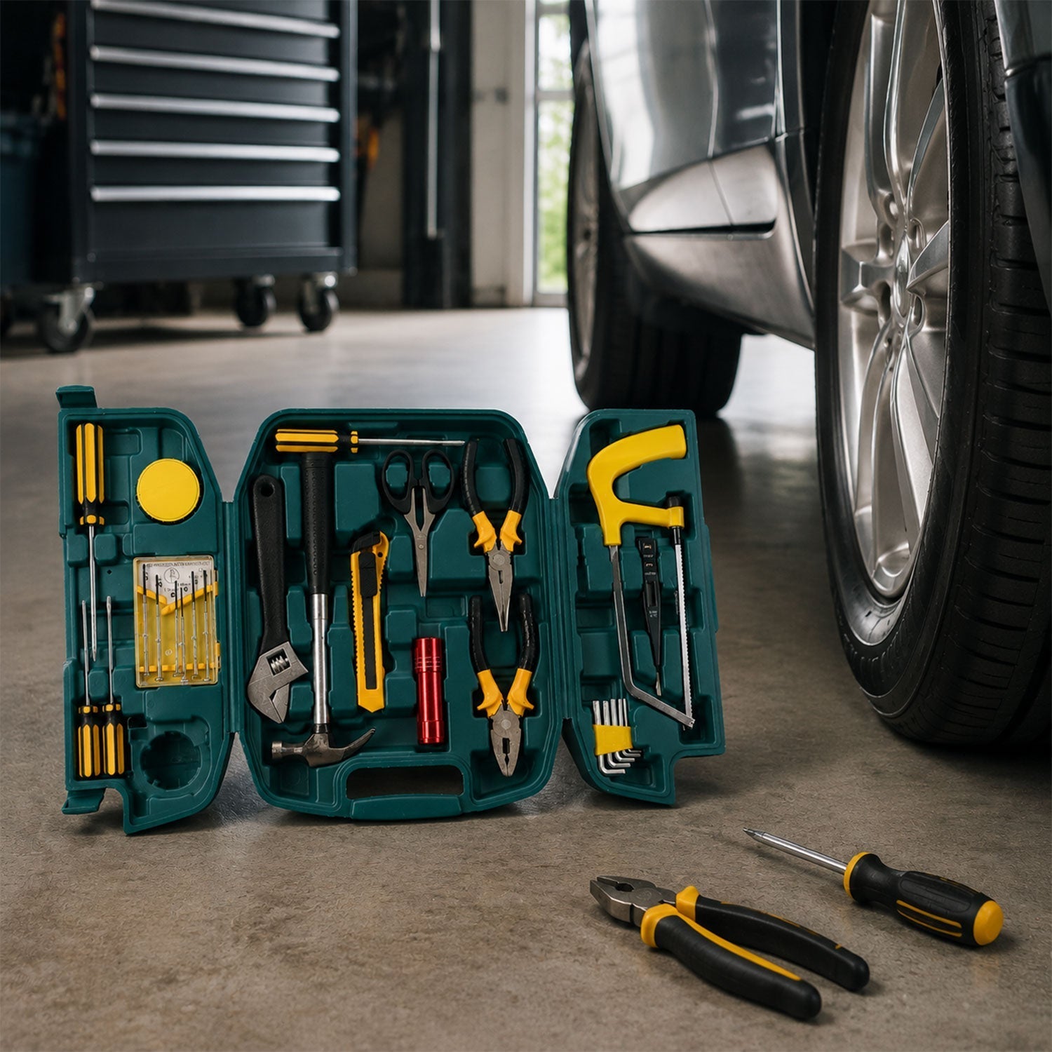 Close-up of screwdrivers and pliers from the multi-purpose home repair kit.