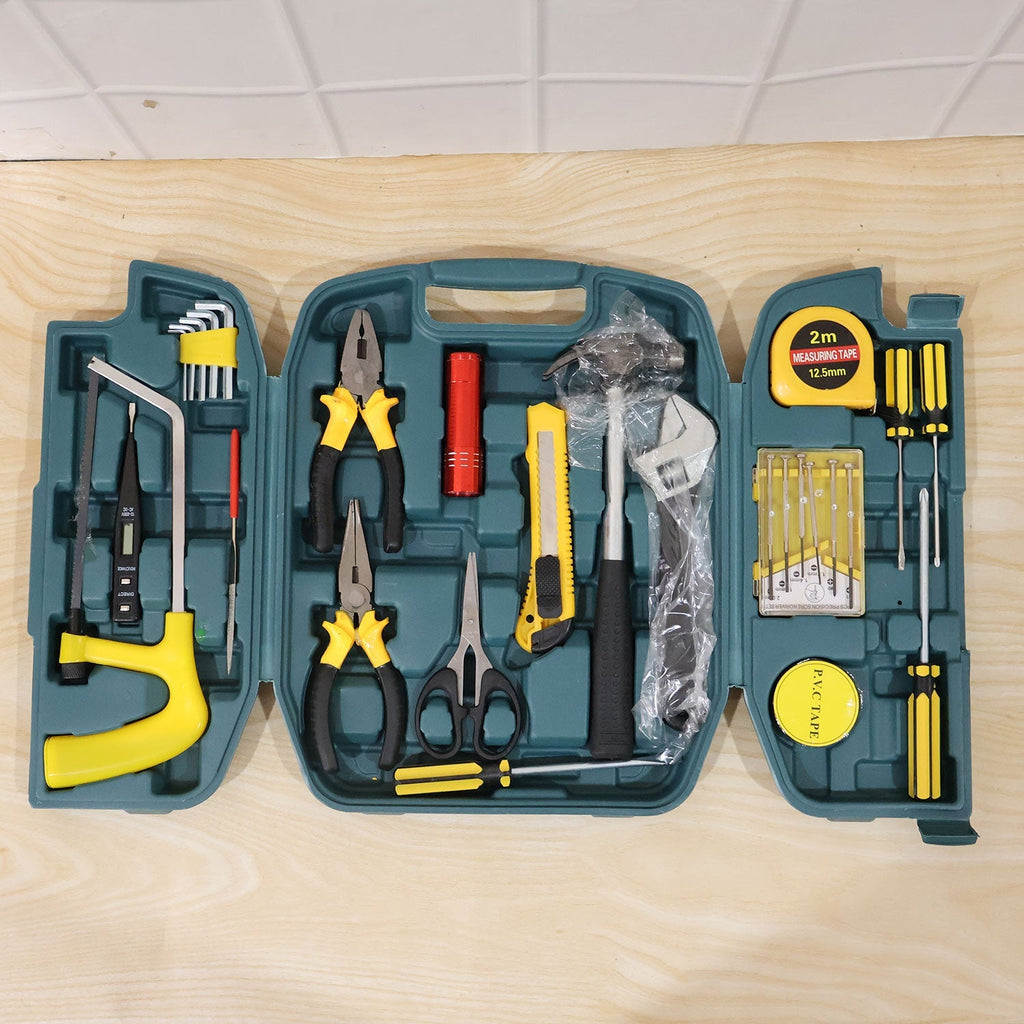 Yellow and sturdy carry case of  Home Tool Kit, ready for storage.