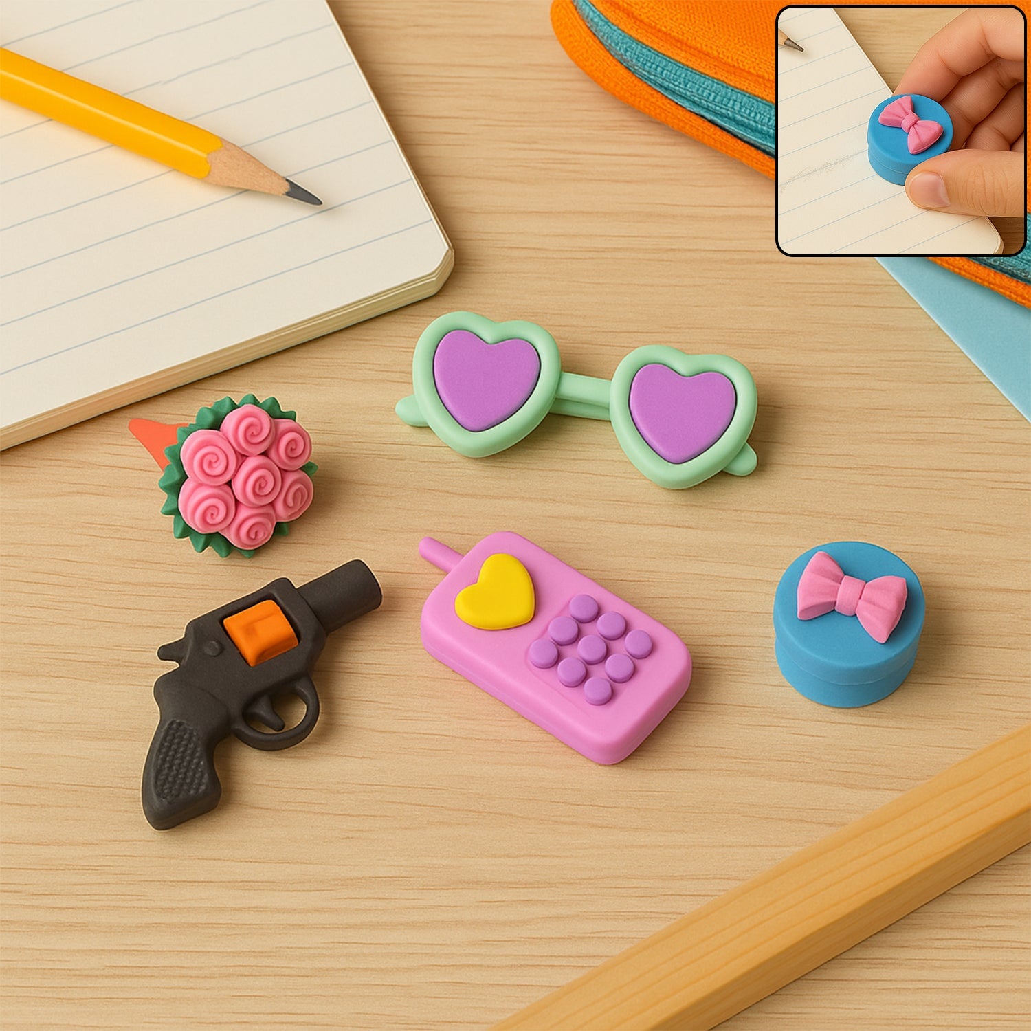 A vibrant assortment of 3D erasers with mixed designs, perfect for school kids.