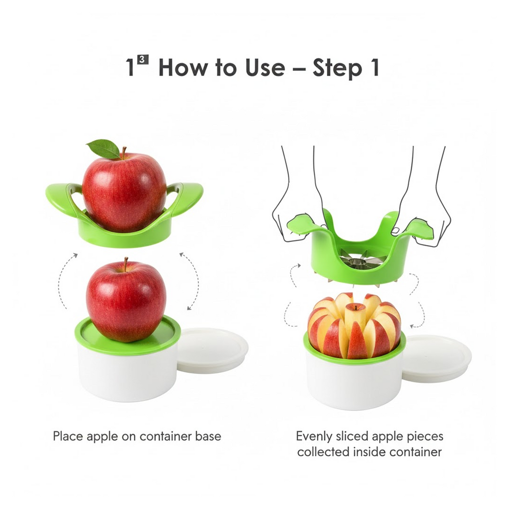 Close-up of sharp stainless steel blades of apple cutter with container