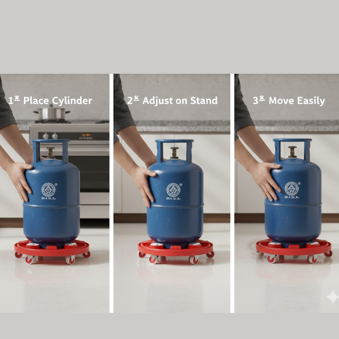 Empty base of the red plastic gas cylinder trolley, highlighting its design.