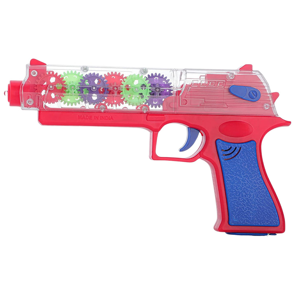 Top-down perspective of the Aditi Transparent Gear Toy Gun with lights.